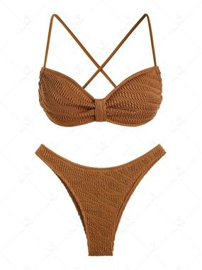 Brown Textured Crinkle Bikini Set - Women Swim NWT